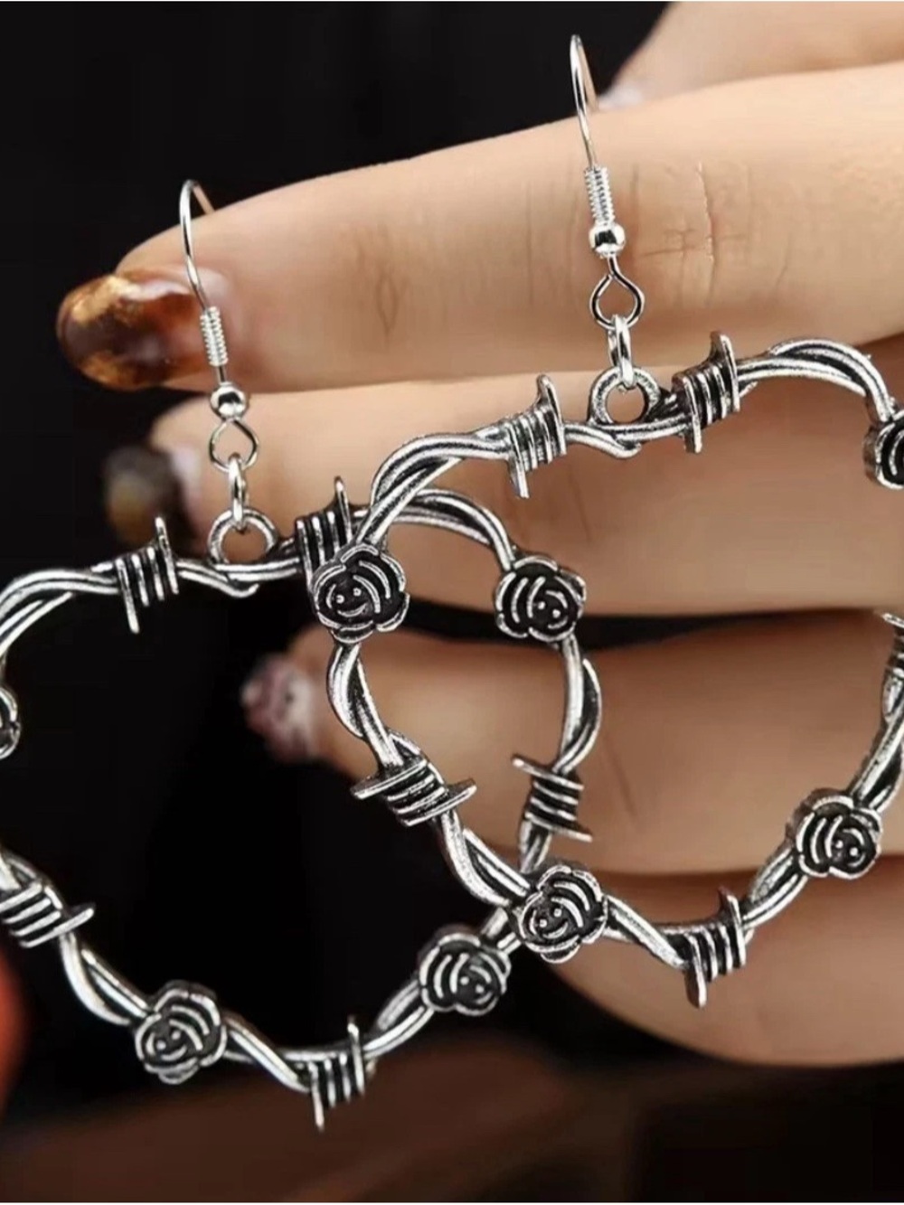 Silver Heart Hoop Earrings with Rose & Barbed Wire Motif - Unbranded